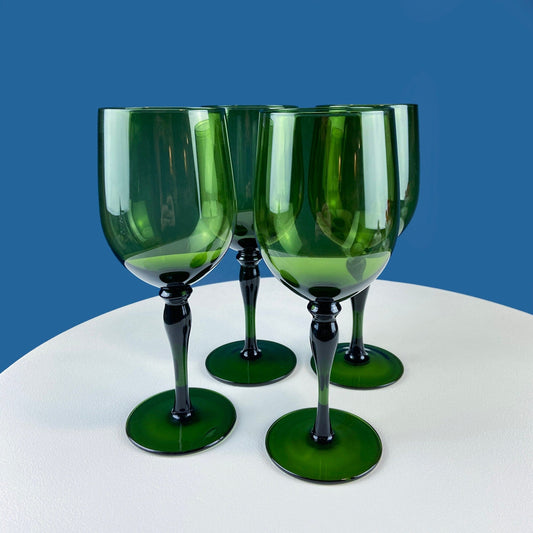 Stunning Green Wine Goblets. Set of Four Stemware. Dark Green Hand Blown Glasses. Elegant Dining Room Decor. Unique Barware. Wedding Gift.
