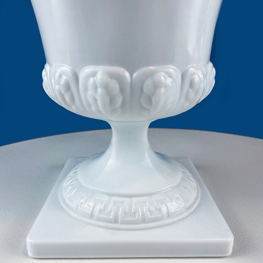 Vintage 7" Milk Glass Urn or Compote Pedestal with Greek Key & Wheat Motif. White Footed E.O Brody Planter. Herb Garden. Dining Room Decor.