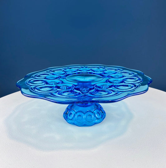 Vintage Aqua Blue Glass Footed Serving Bowl. LE Smith Moon and Stars Glass Bowl with Scalloped Edge. Fruit Bowl. Dining Room Decor.