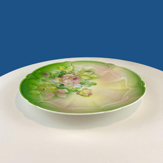 Antique 12" Serving or Decorative Plate. Hand Painted Pink Roses. Dining Room Wall Decor or Collectible Display. Wedding Registry Gift.