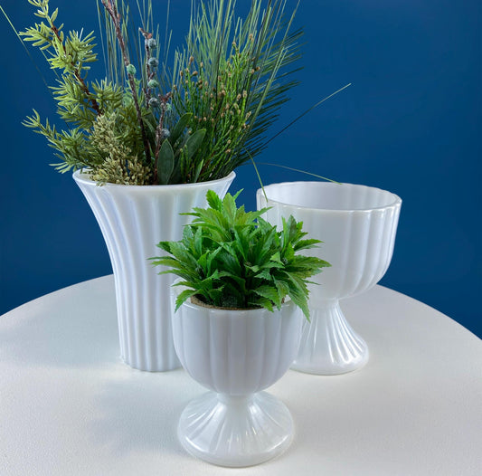Collection of 3 Vintage Milk Glass Fluted Vases or Planters. Elegant White Minimal Design. Modern Home Decor. Window Sill Garden.