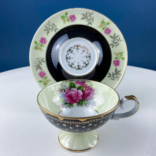 Antique Lefton Black and Gold Tea Cup and Saucer. Hand Painted Rose Motif. Dining Room Decor. Gift for Him or Her. Collectible Porcelain.