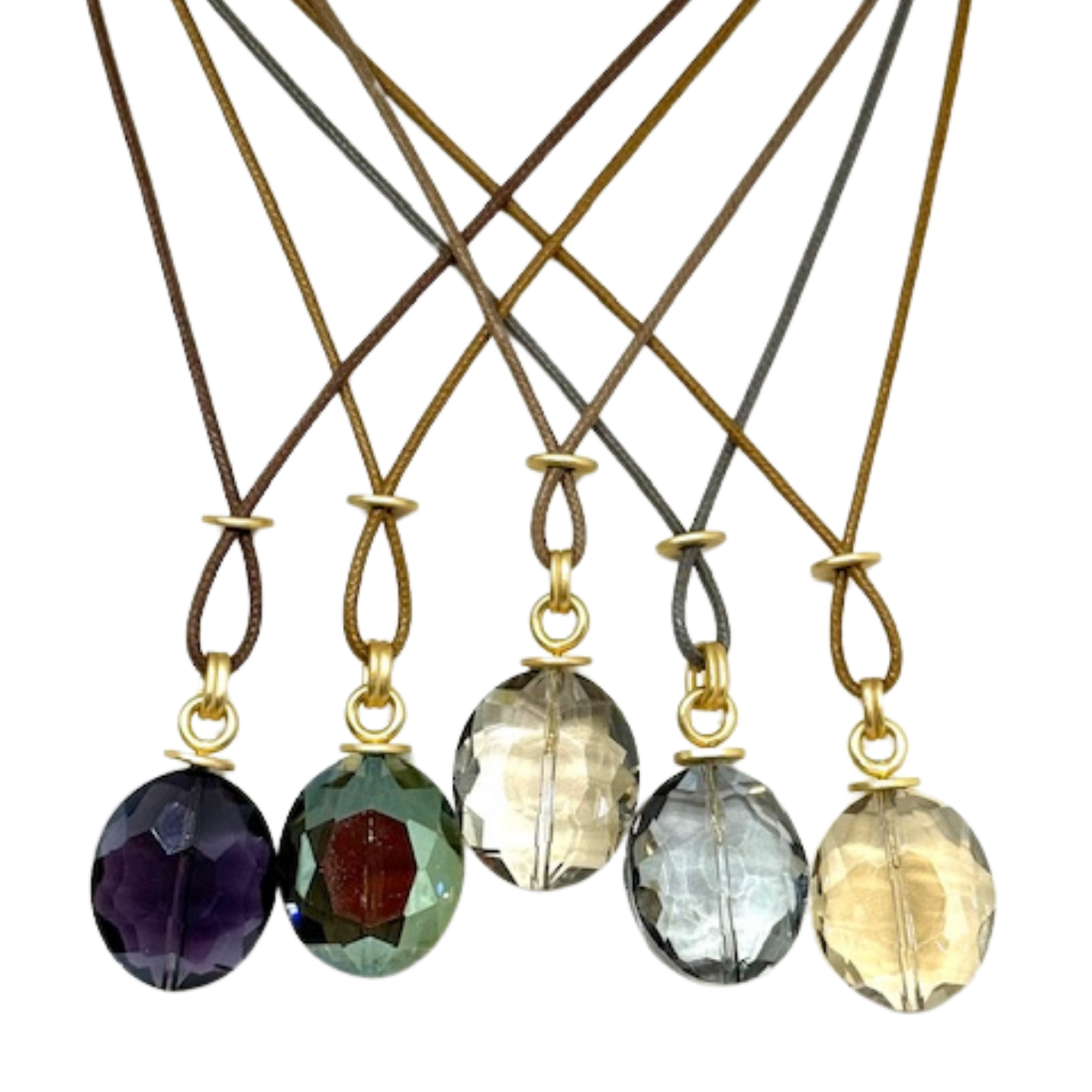 Large Clear Oval Crystal on Black Linen Necklace