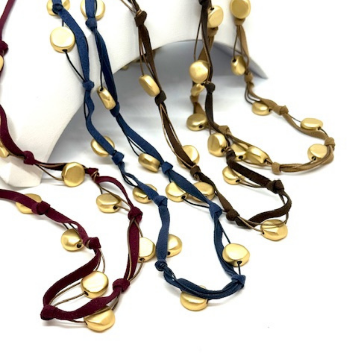 Matte Gold Beads On Chocolate Suede And Bronze Leather Long Necklace
