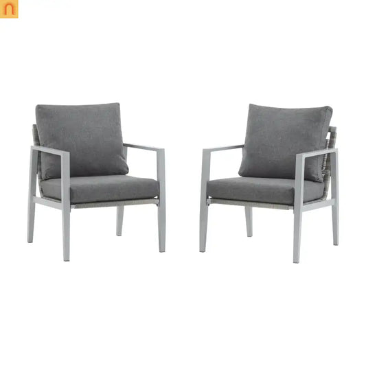 Outdoor Lounge Chair Aluminum Rope Accent Gray Silver White Cushion