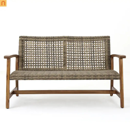 Loveseat Rattan Outdoor with Acacia Wood Legs Cushioned 52in Wide Brown