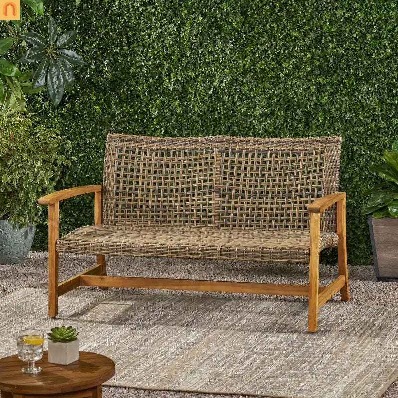 Loveseat Rattan Outdoor with Acacia Wood Legs Cushioned 52in Wide Brown