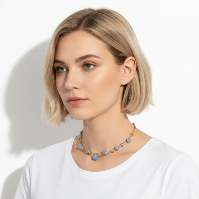 Matte Aquamarine and Matte Gold Disk Necklace