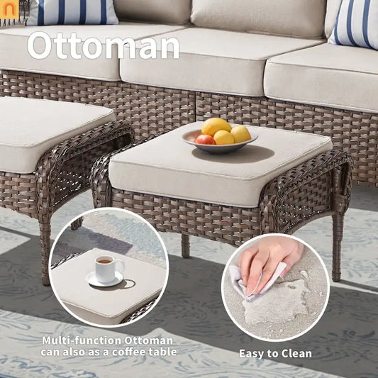 Ottomans Outdoor Pe Wicker Set of 2 Beige Cushions