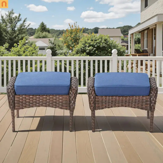 Outdoor Patio Ottomans Wicker Rattan Brown Set of 2 Footstools with Blue Cushions