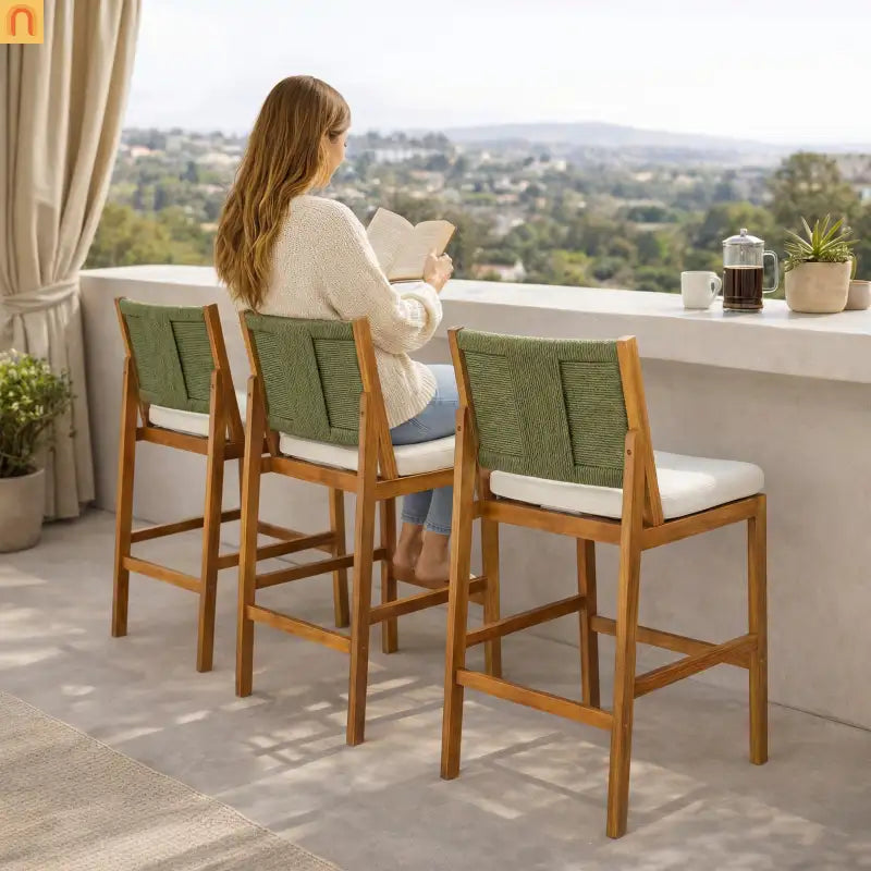Outdoor Bar Stool Green Set of 4 with Acacia Wood and Woven Wicker