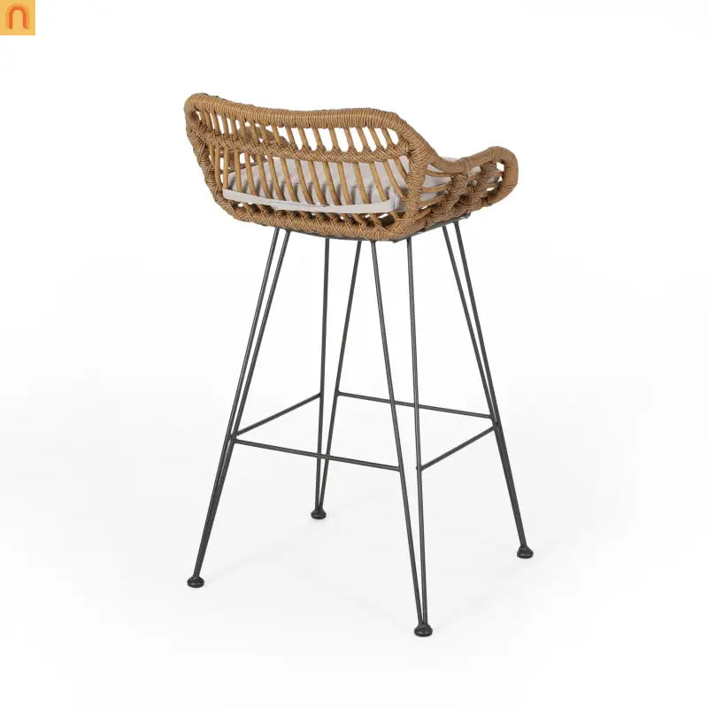 Outdoor Bar Stool Modern Rattan Upholstered Brown with Metal Legs 38 in High
