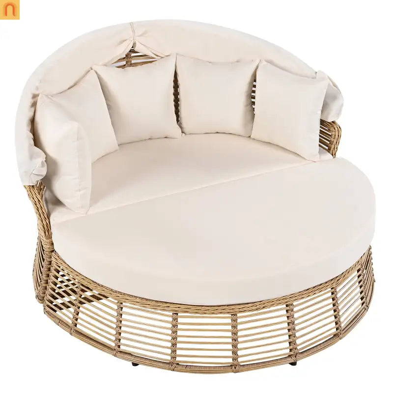 Outdoor Daybed Round Beige Wicker Retractable Canopy Removable Cushions