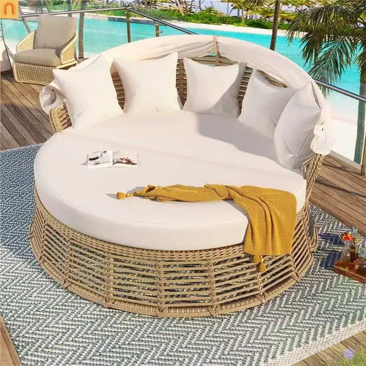 Outdoor Daybed Round Beige Wicker Retractable Canopy Removable Cushions
