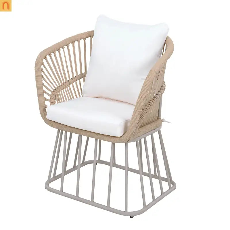 Outdoor Set Rectangular Teak Table Six Wicker Chairs with Cushions Beige Frame