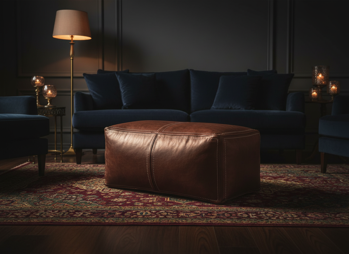 Moroccan Leather Pouf / Ottoman - Rectangular - Brown - Salwa