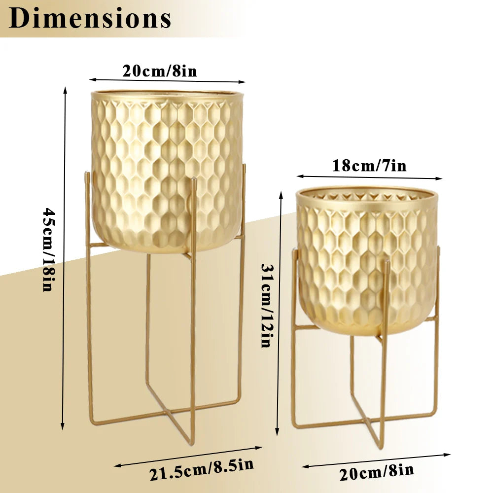 Set of 2 12"&18"H Golden Honeycomb Embossed Flowerpots