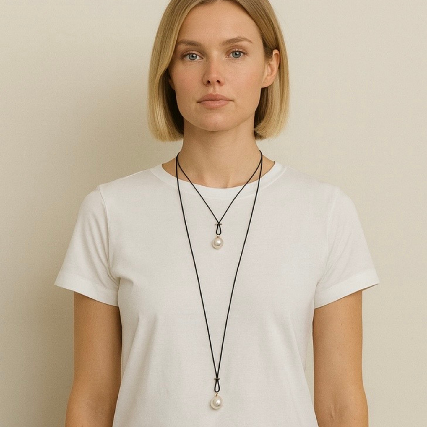 Long Grey Linen Cord Criss-Cross Style Necklace With Large White Pearl Pendant