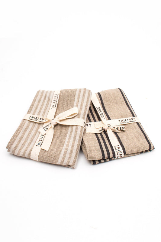 Thieffry Belgian Linen Dishtowels, White Stripe & Natural, Set of 2