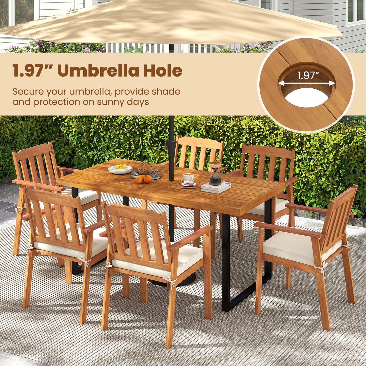 6 Pieces Patio Dining Table Set 63” Rectangle Table with 4 Acacia Wood Armchairs and Backless Bench