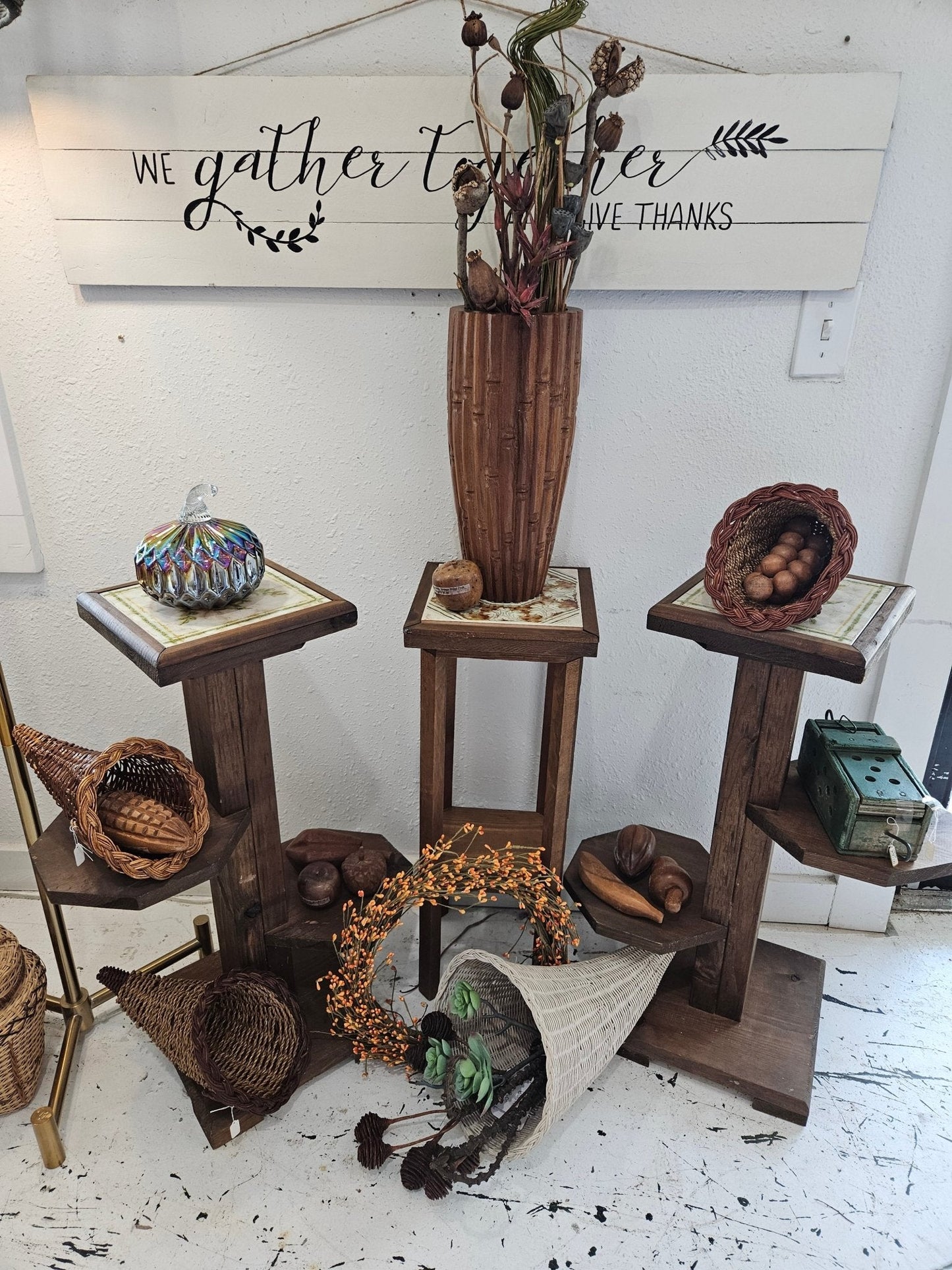 Vintage Wooden Plant Stand with Ceramic Tile Top – 27.5" x 17.5" x 9.5
