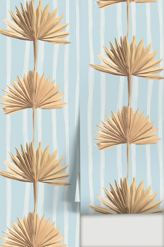 Stripey Palm Wallpaper, light blue and tan