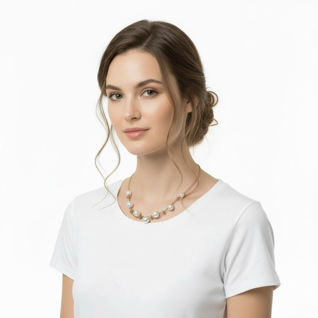 White Pearl and Natural Linen Matte Gold Disk Necklace