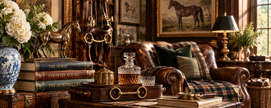An elegant English sporting-estate library featuring antique bridles, equestrian artwork, a leather club chair, horse books, brass accents, and a crystal decanter in warm afternoon light.