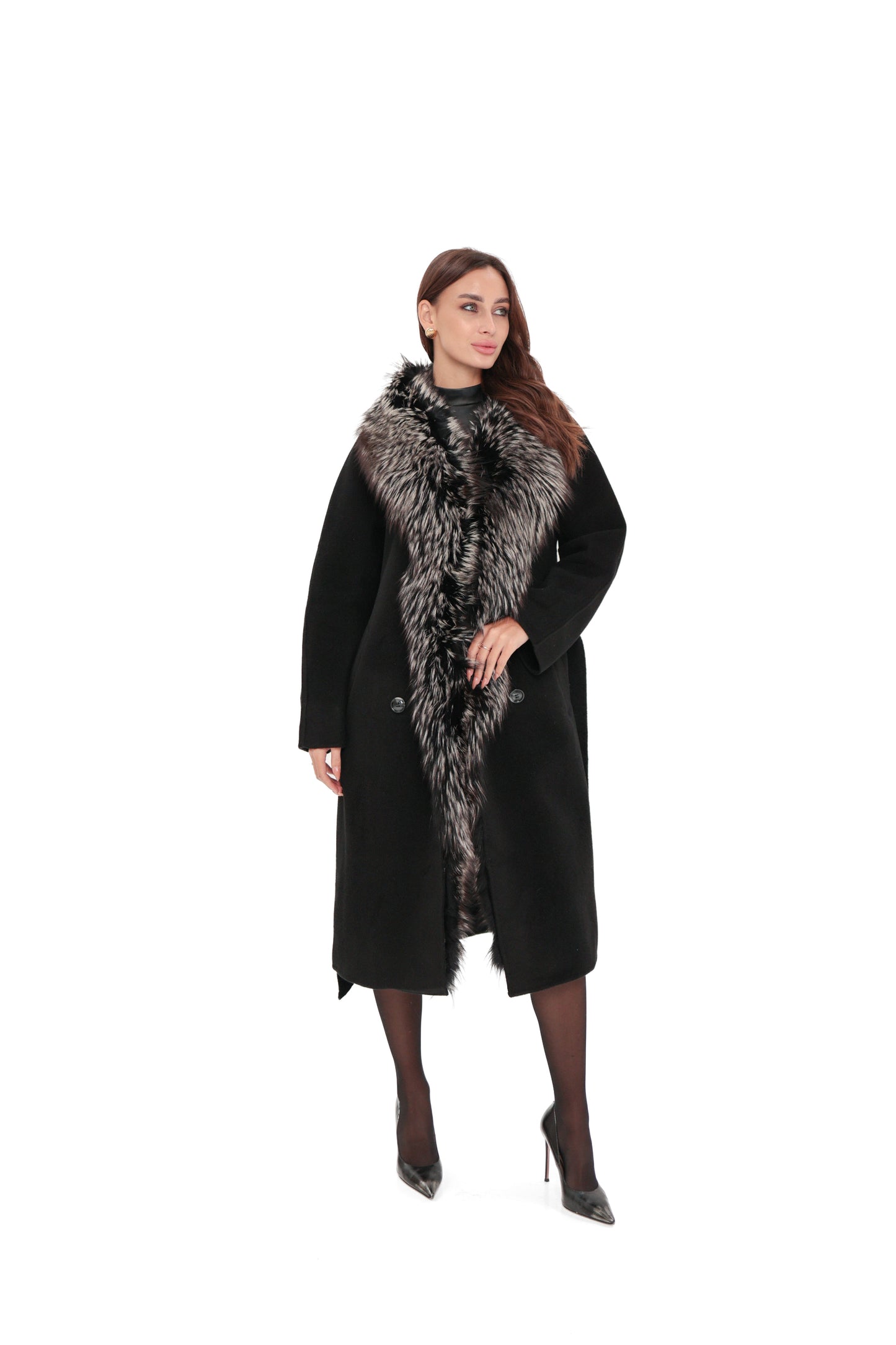 Genuine Silver Fox Cashmere Blend Coat