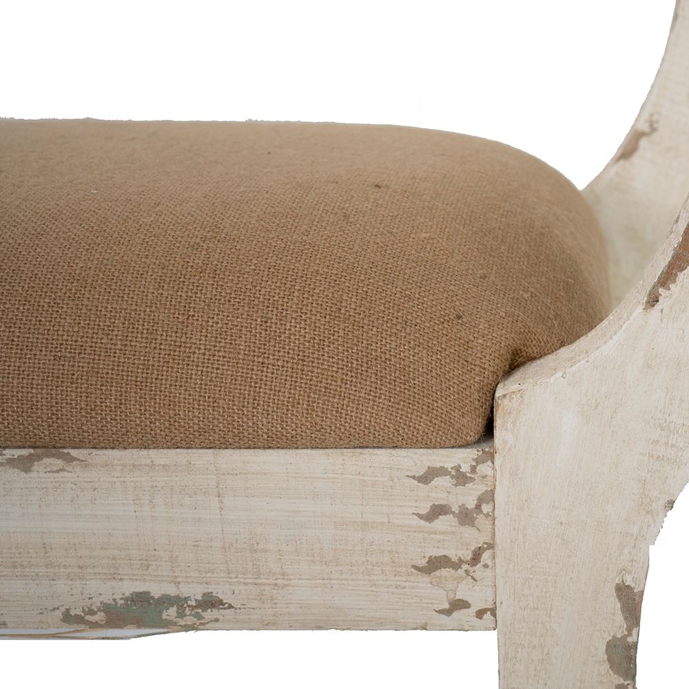 Harlow Country House Bench – Distressed White & Natural Linen