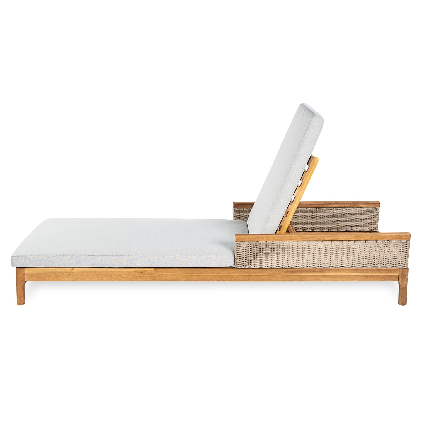 Sun Lounger Set Modern - Acacia Wood, Grey Cushions, Light Grey Wicker, 76.8in