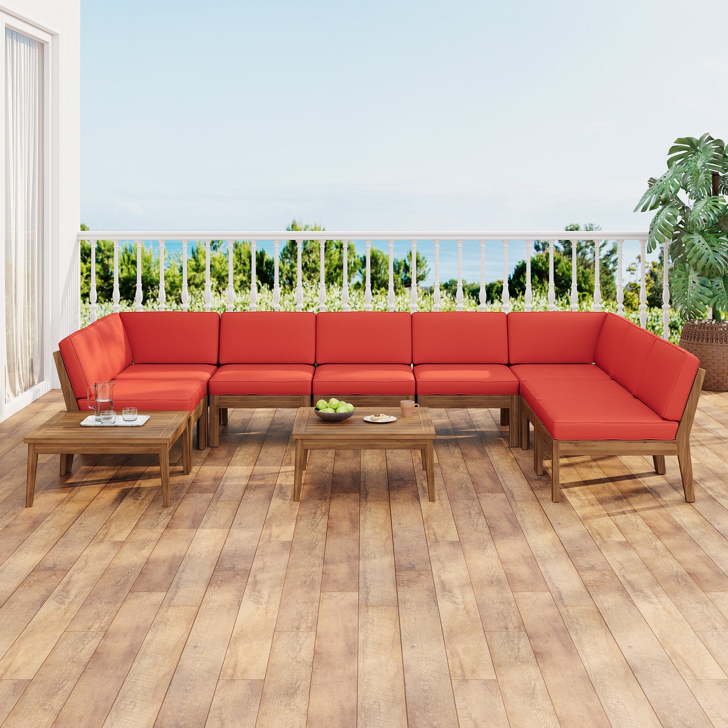 Sofa Sectional Outdoor Curved Acacia Wood Teak Finish Red Cushions 8seater