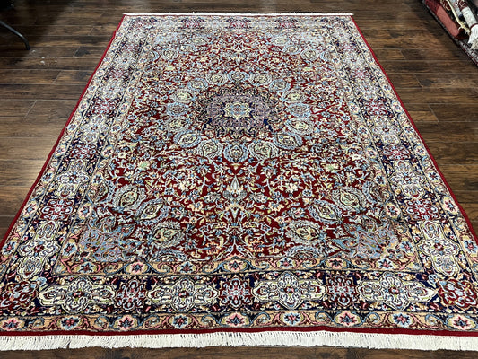 Persian Kirman Rug 7x10, Hand Knotted Wool Floral Medallion Carpet, Dark Red