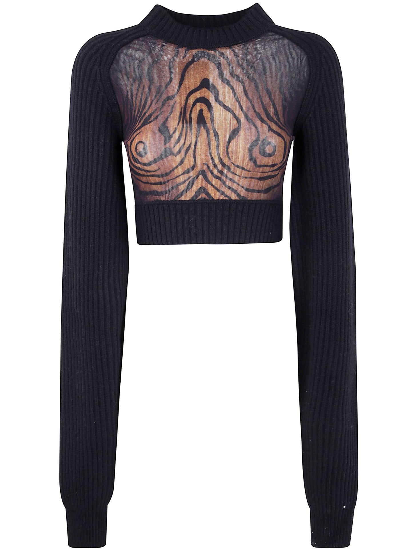 Jean Paul Gaultier Women Lambswool Ribbed Long Sleeves Cropped Sweater With Printed Mesh Cut Out Details