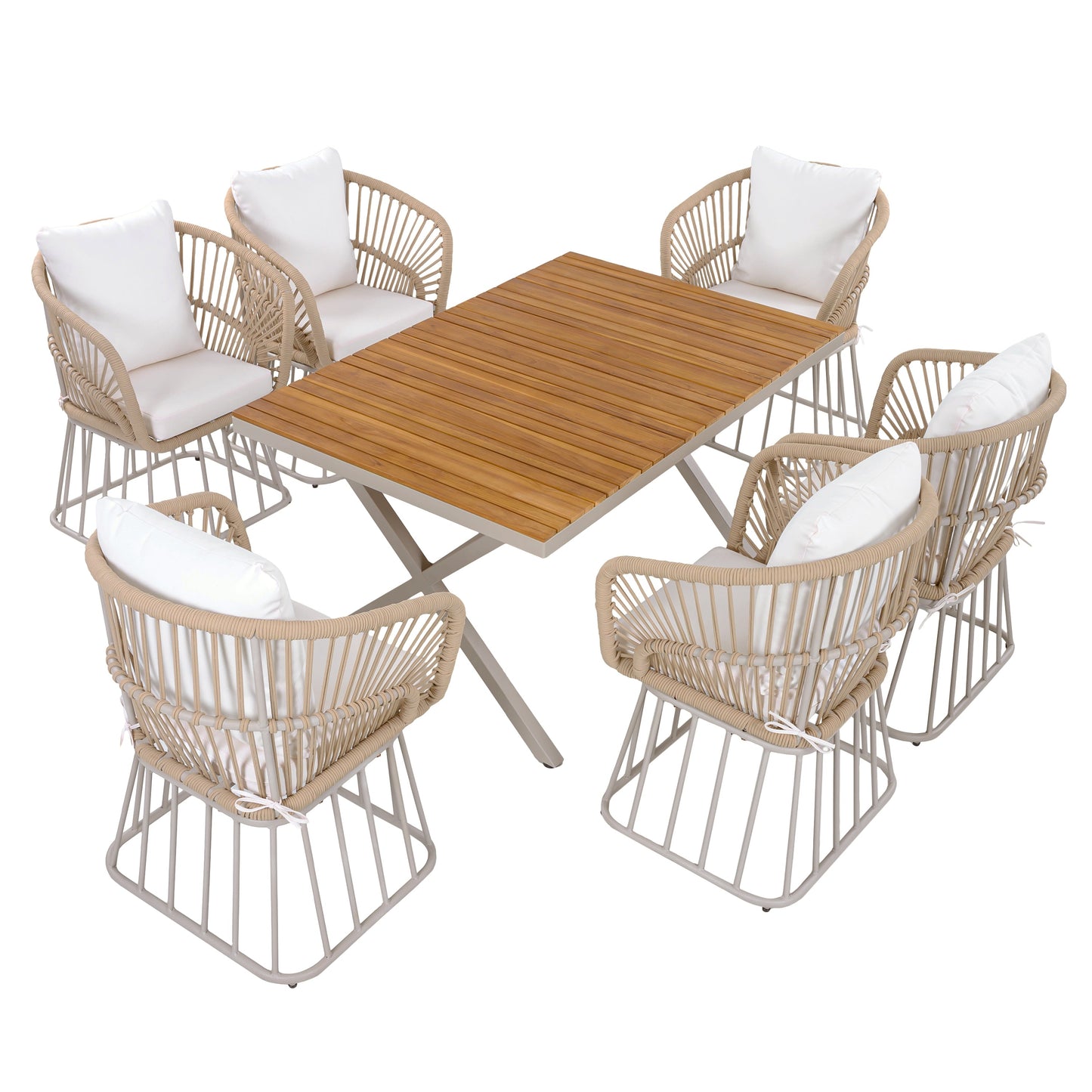 Outdoor Set Rectangular Teak Table Six Wicker Chairs with Cushions Beige Frame