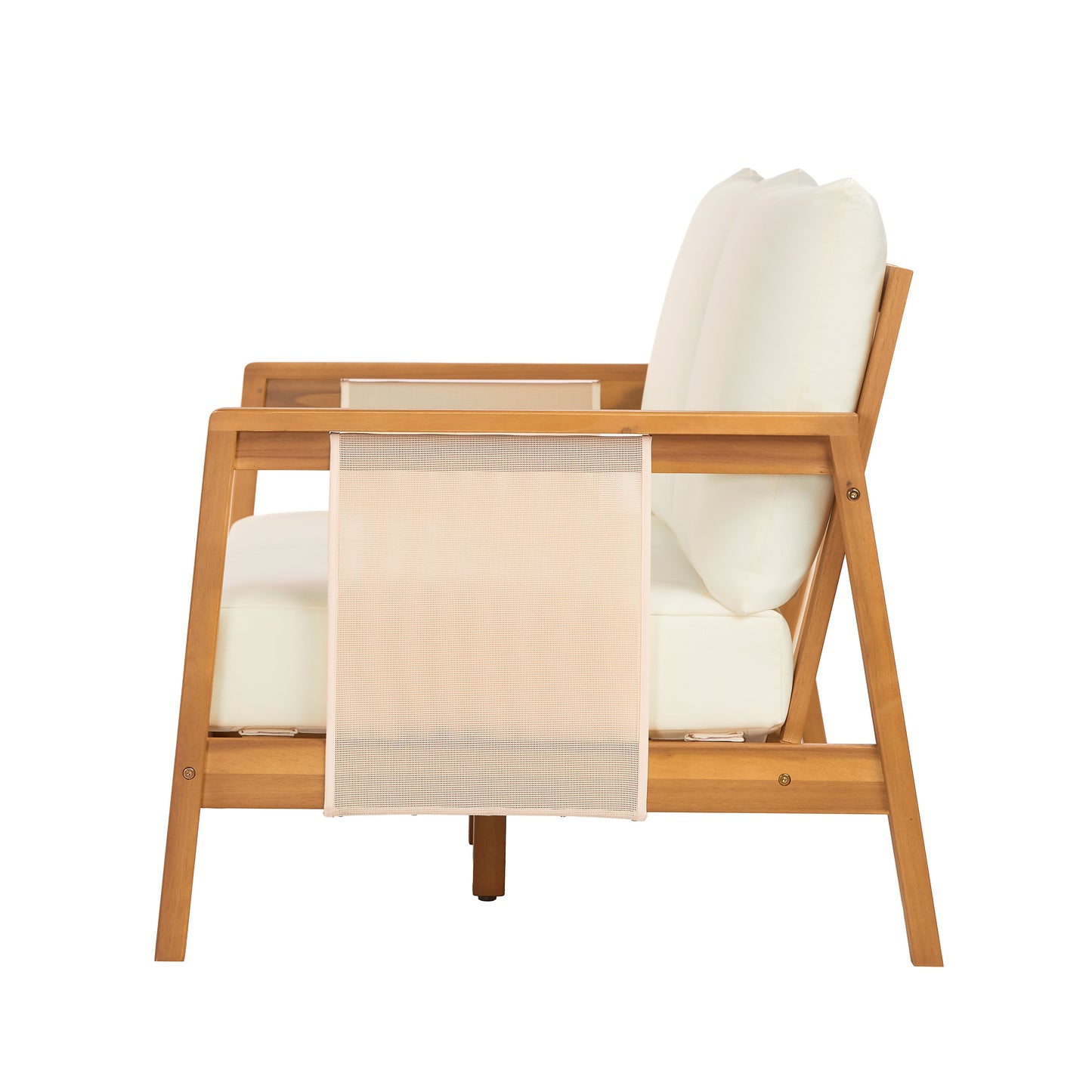 Outdoor Sofa Set Two Piece Acacia Wood Teak Finish Beige Cushions Coffee Table