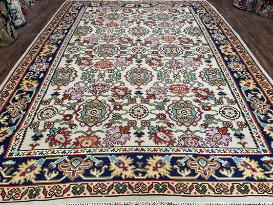 Antique Turkish Kilim Rug 7x10 Allover Pattern, Ivory Cream Maroon Light Blue, Wool Flatweave Hand Woven, Large Kilim, Vintage Kilim Carpet