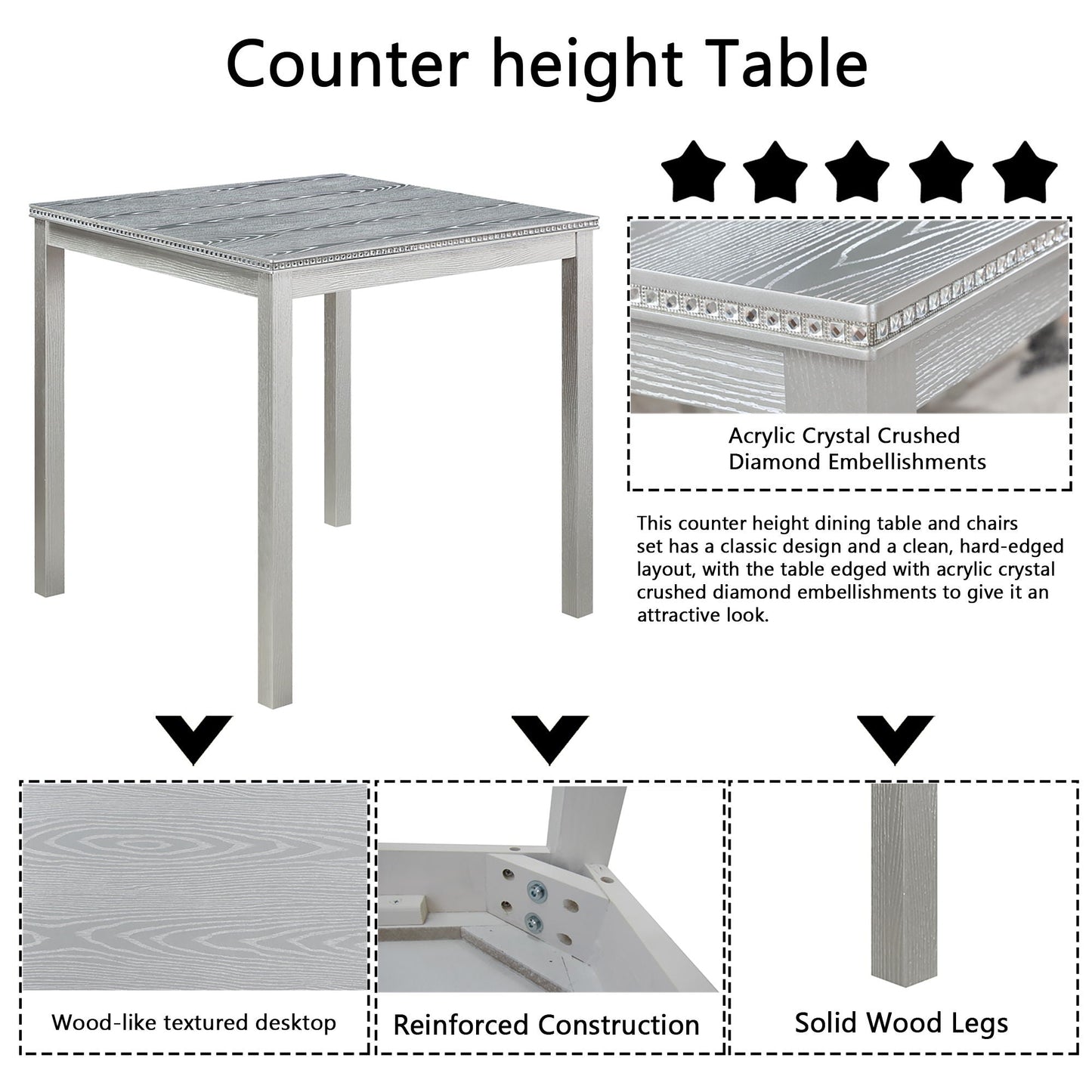 5 Piece Counter Height Table Set, Square Table And 4 Upholstered Chairs