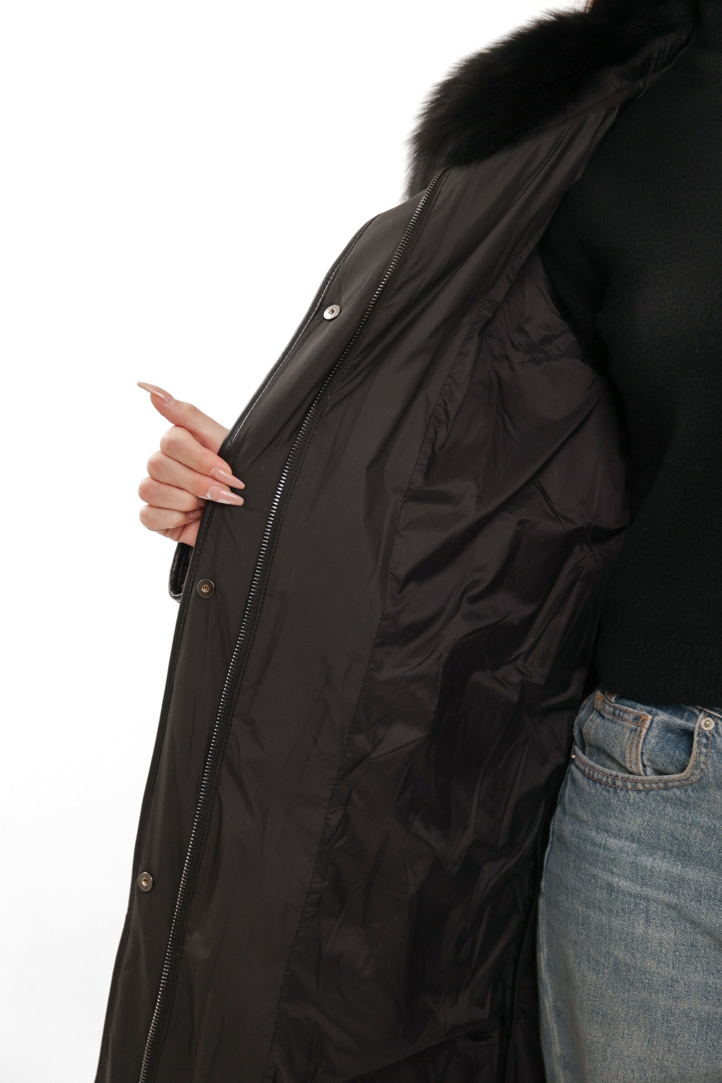 Riley Genuine Fur Trim Down Fill Coat in Black