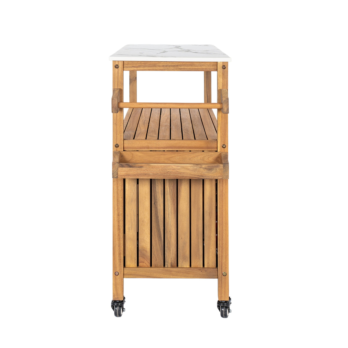Wooden kitchen cart with marble top on a white background