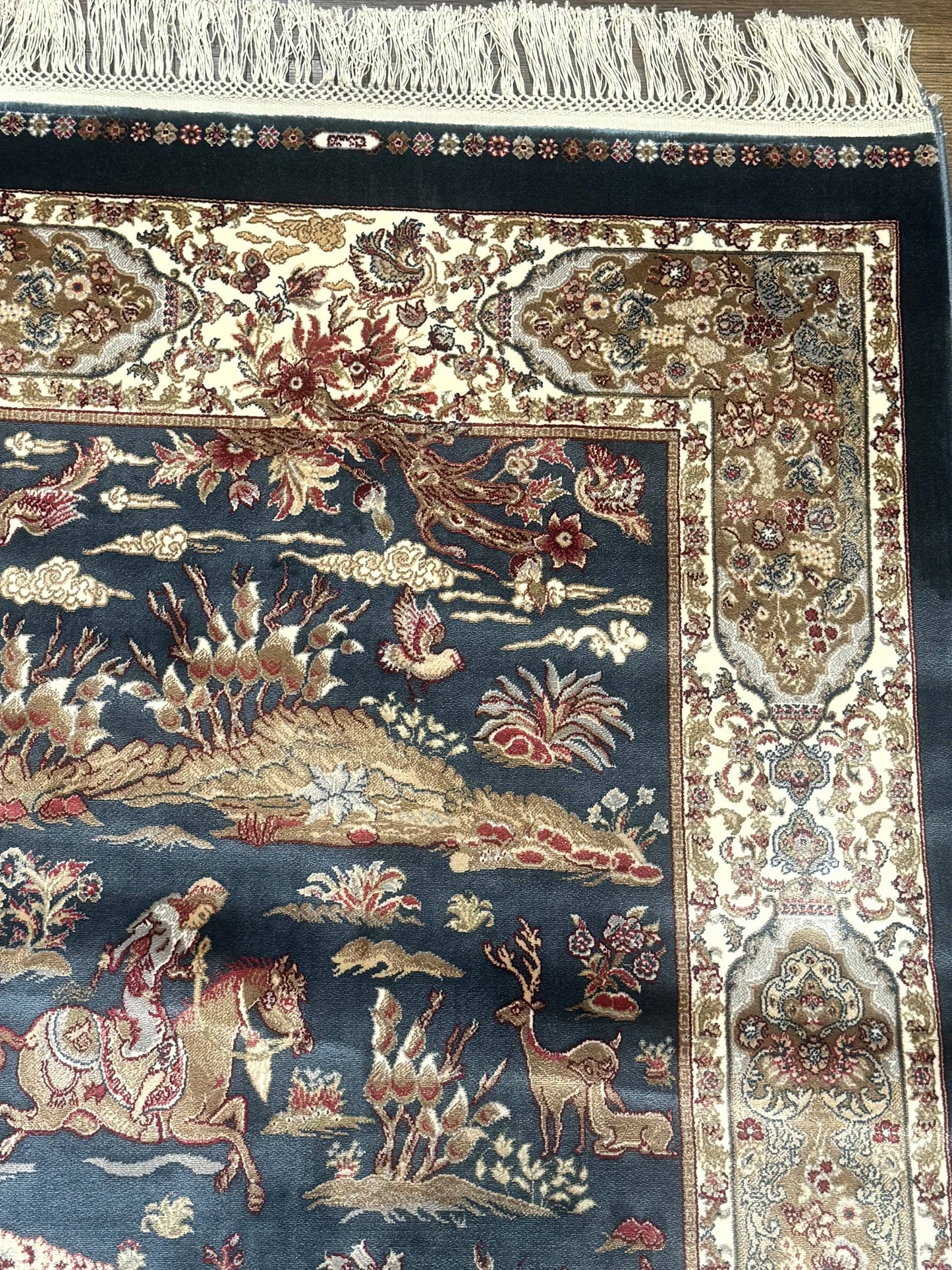 The Sporting Estate Turkish Hunting Scene Rug — Dark Steel Blue &amp; Ivory