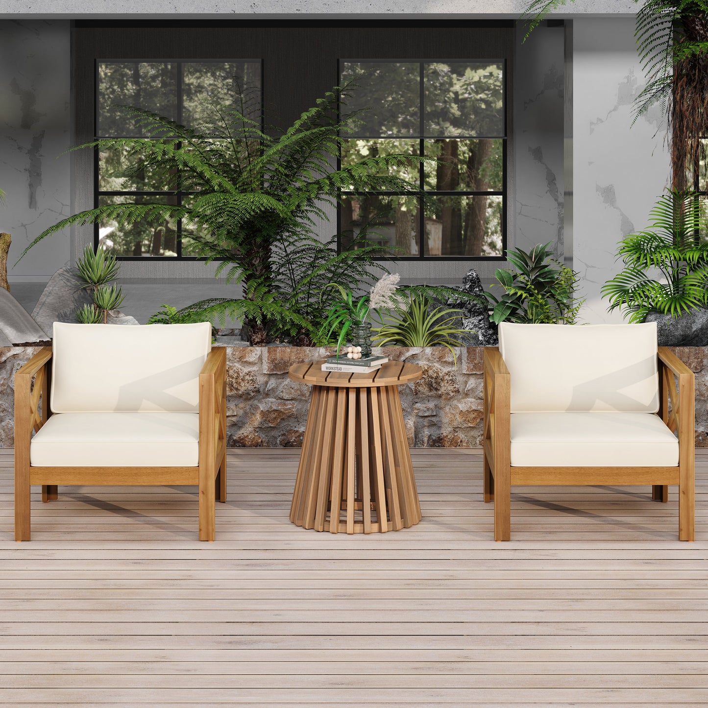 Patio Conversation Set Modern Acacia Wood Teak Finish 2 Armchairs and Table