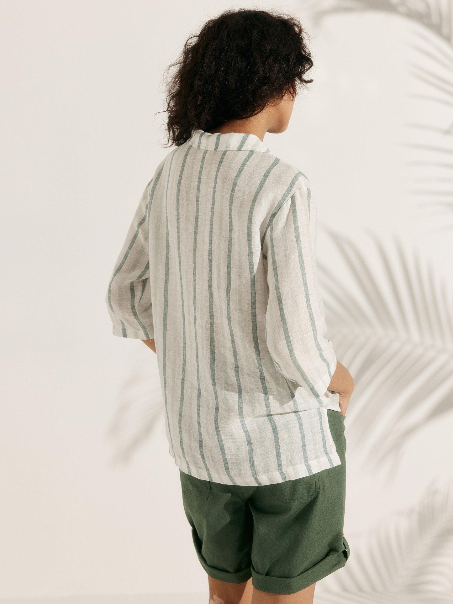 100% Linen Stripe Shawl V-Neck Half Sleeve Top JADE