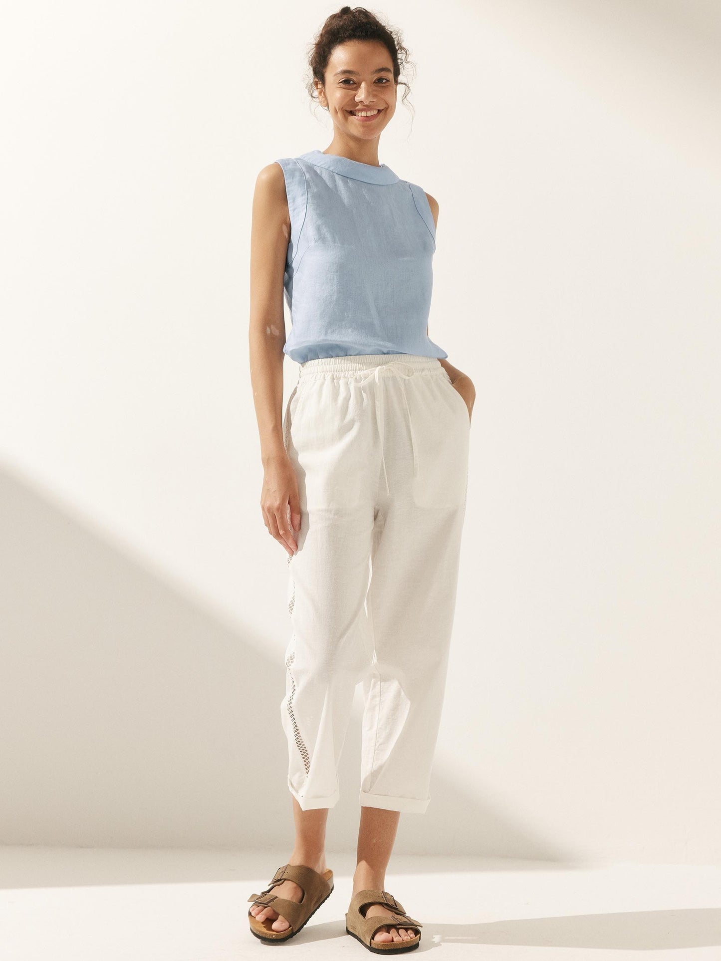 100% Linen Draped Collar Tank Top