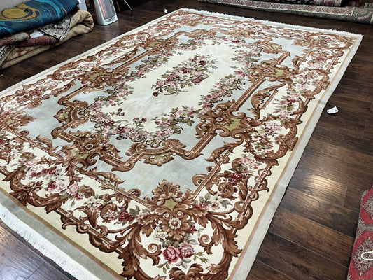 Aubusson Rug 10x13, Cream and Light Mint Green Hand Knotted Handmade French Savonnerie European Carpet, Wool Pile, Large Room Sized Vintage