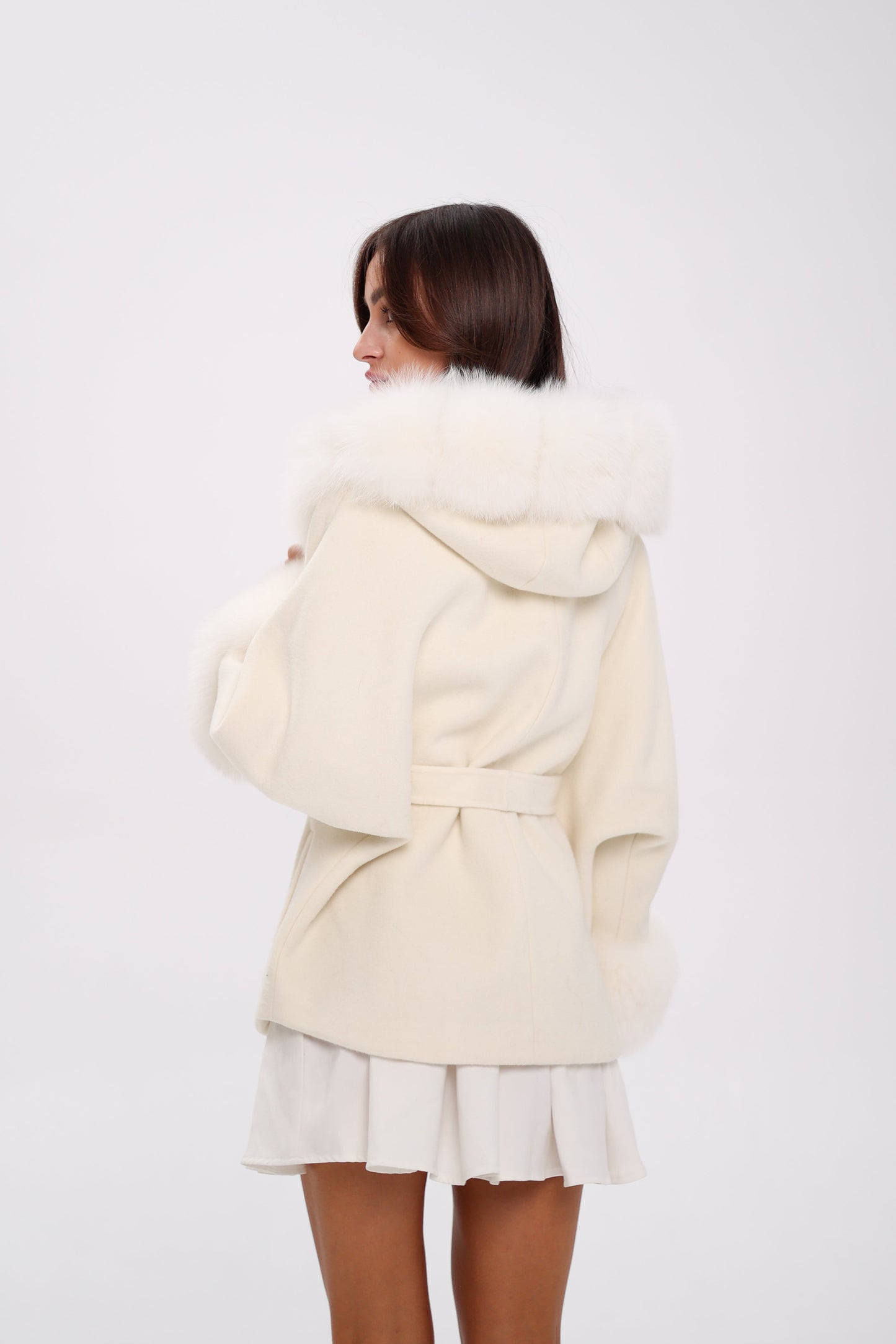 Genuine Polar Fox Fur Wool Hooded Coat