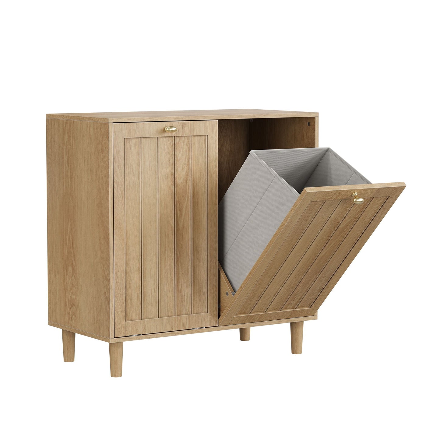 Sloping Laundry Basket With Removable Inner Bin, Concealed Storage Cabinet For Bathroom - Oak