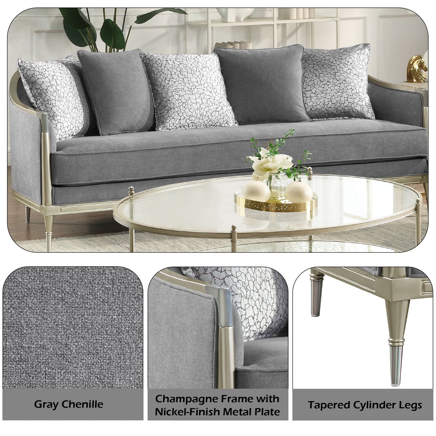 Fernando - Sofa With 5 Pillows - Champagne / Gray