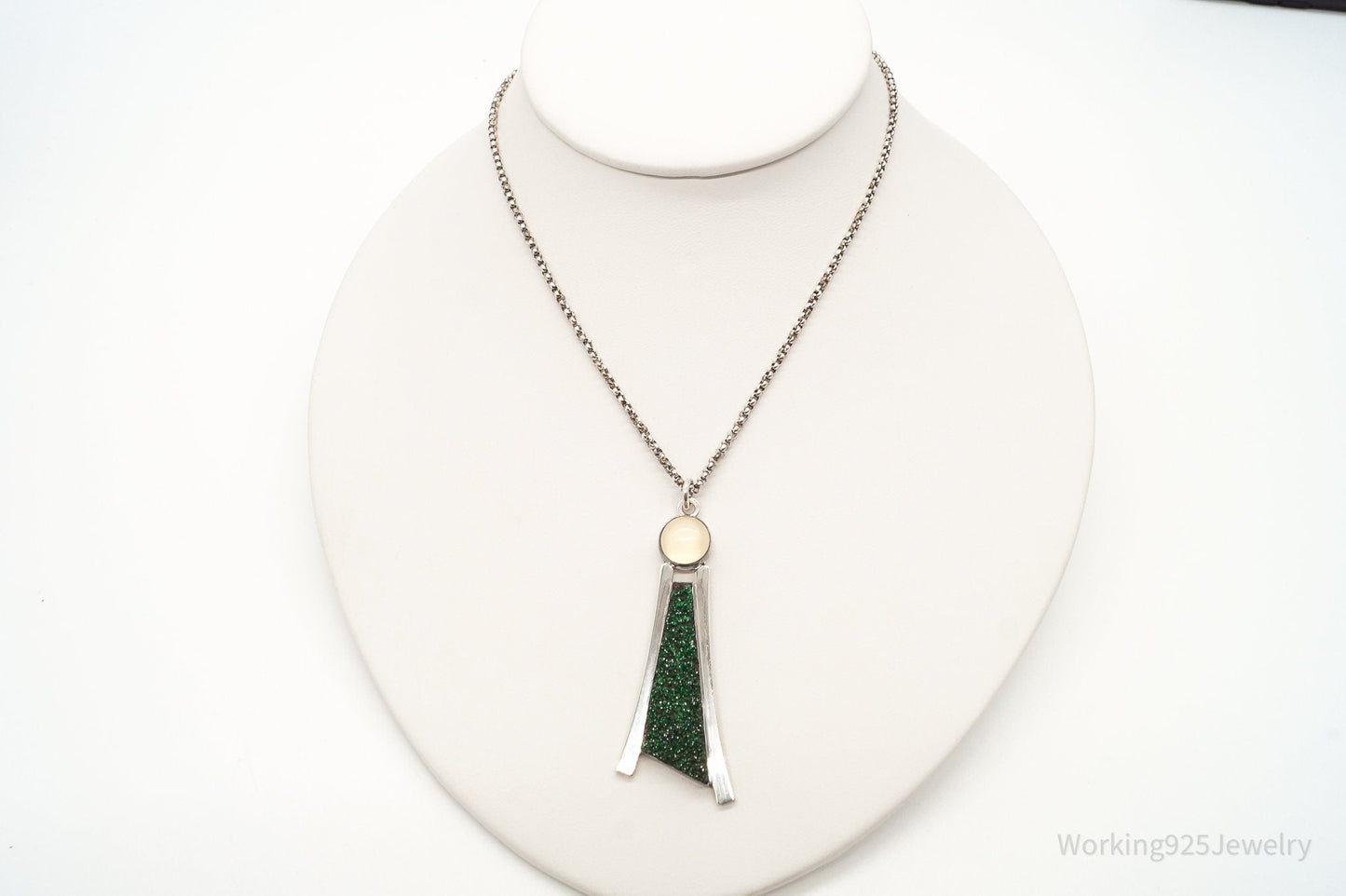 Vintage Moonstone Green Druzy Quartz Modernist Sterling Silver Necklace