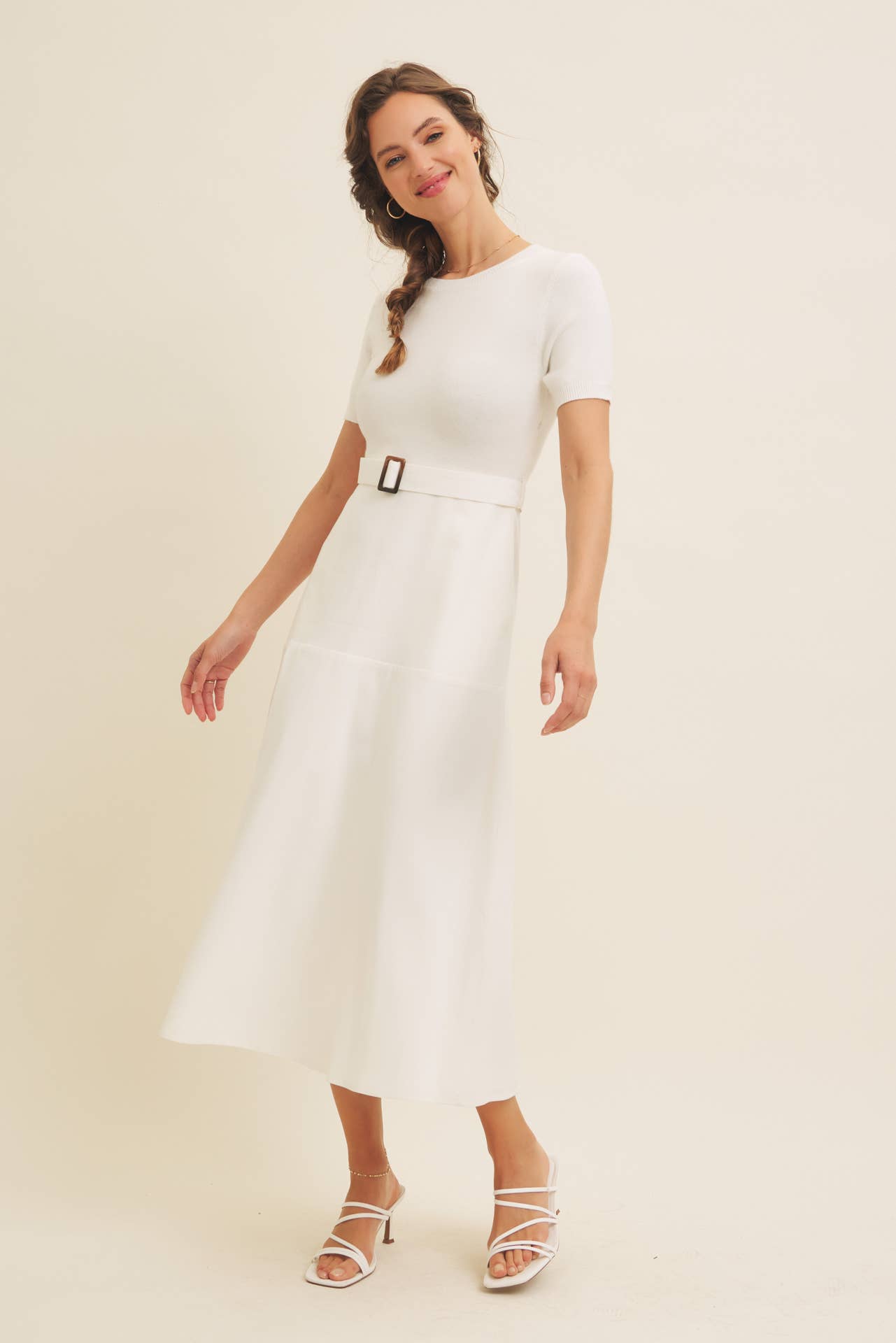 DELANEY- Super Soft White Mixed Media Sweater Midi Dres with Belt